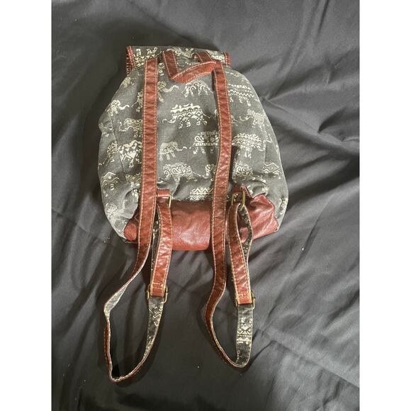 ELEPHANT PRINT BACKPACK, BLUE CANVAS, TAN FAUX LEATHER DETAIL, POCKETS - Picture 6 of 7